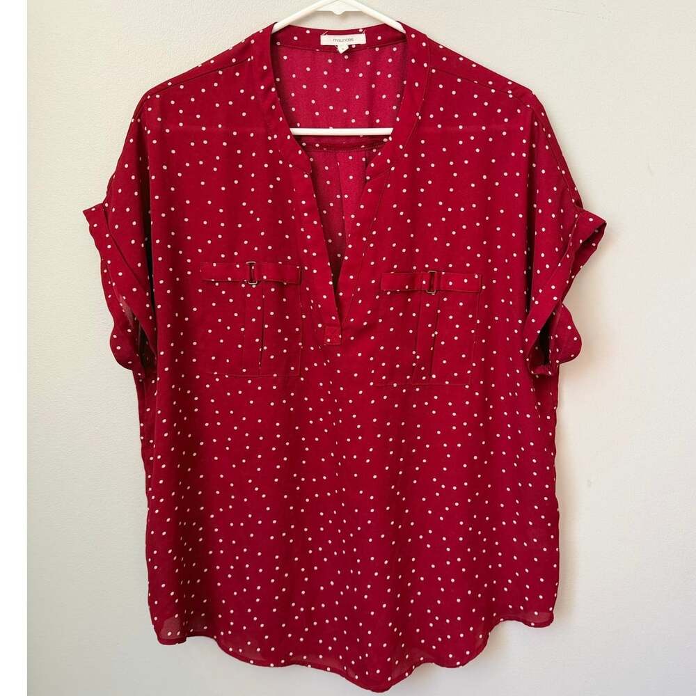 Maurices Maroon Burgundy Polka Dot V-Neck Blouse Cuffed Sleeve Size L